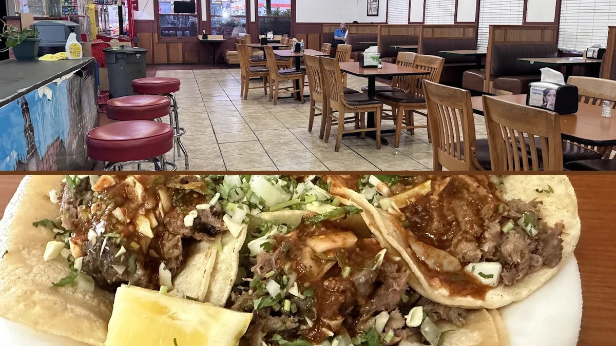 Counter service with Mexican dishes on display.